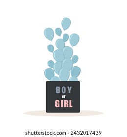 Gender reveal party. Its a boy. Open surprise gift box with inscription Boy or girl. Blue balloons. Baby shower greeting card. Cartoon vector illustration.