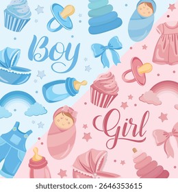 Gender reveal party card with cute baby elements in pink and blue Perfect for boy or girl announcement and baby shower invitation