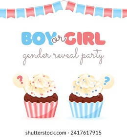 Gender reveal party card template. Cute banner decorated with boy or girl question, pink and blue cupcakes and bunting flags. Vector 10 EPS.