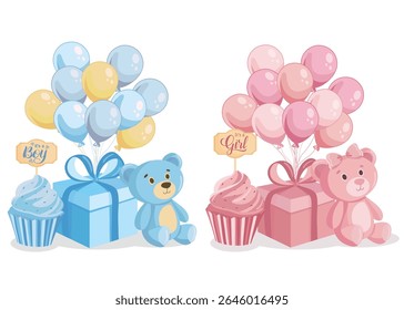 Gender reveal party cards It's a girl or boy with baby toys in pink and blue colors Perfect for celebration invitation and announcement design