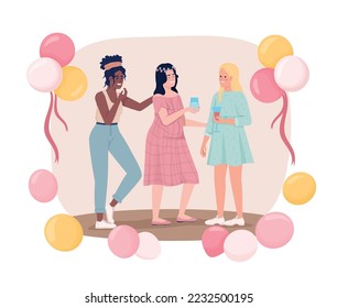 Gender reveal party celebration 2D vector isolated illustration. Happy pregnant lady with girlfriends flat characters on cartoon background. Colourful editable scene for mobile, website, presentation