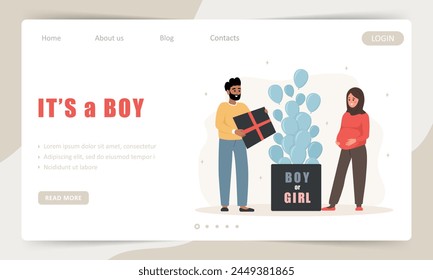 Gender reveal party concept. Its a boy. Arabian family opening surprise gift box with inscription Boy or girl. Blue balloons. Landing page template. Vector illustration in cartoon style.