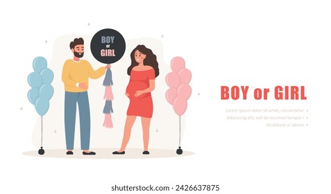 Gender reveal party concept. Couple holding balloon with inscription Boy or girl. Family dreaming about of her future baby. Pregnant woman hugs her tummy. Baby shower. Cartoon vector illustration.