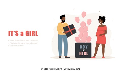 Gender reveal party concept. Its a girl. African family opening surprise gift box with inscription Boy or girl. Pink balloons. Landing page template. Vector illustration in cartoon style.