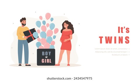 Gender reveal party concept. Its twins. Family opening surprise gift box with inscription Boy or girl. Blue and pink balloons. Landing page template. Vector illustration in cartoon style.