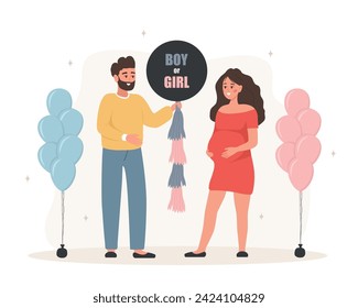 Gender reveal party. Couple holding balloon with inscription Boy or girl. Family dreaming about of her future baby. Pregnant woman hugs her tummy. Baby shower. Vector illustration in cartoon style.