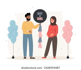 Gender reveal party. Couple holding balloon with inscription Boy or girl. Islamic family dreaming about of her future baby. Pregnant woman hugs her tummy. Baby shower. Cartoon vector illustration.