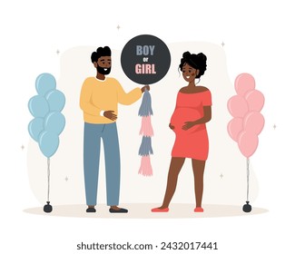 Gender reveal party. Couple holding balloon with inscription Boy or girl. African family dreaming about of her future baby. Pregnant woman hugs her tummy. Baby shower. Cartoon vector illustration.