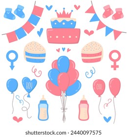 Gender Reveal Party Cute Design Elements Collection. Pink and Blue Baby Cake, Balloons, Bunting Flags, Booties, Milk Bottle Collection.