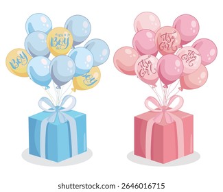Gender reveal party design with blue and pink balloons and gift box Includes text It's a boy and It's a girl Cute decoration for baby shower or celebration