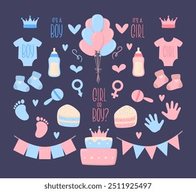 Gender Reveal Party Design Elements Set. Vector Illustration of Pink and Blue Bodysuits, Cake Pieces, Balloons, Baby Booties, Bottles with Milk, Beanbags, Footprints, Han Palms.