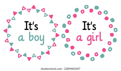 Gender reveal party design. Hand-drawn simple baby shower blue and pink frame. It's a boy, it's a girl phrases