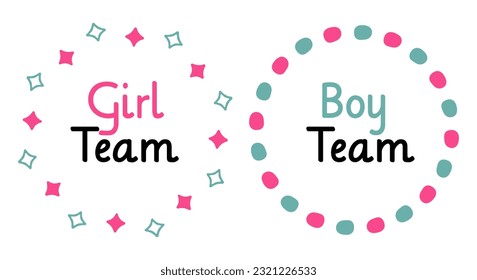 Gender reveal party design. Hand-drawn simple baby shower blue and pink frame. Girl and boy team phrases