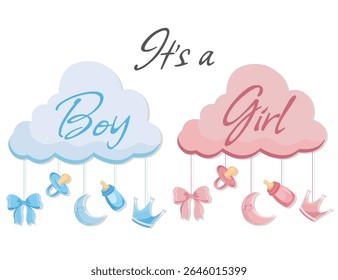 Gender reveal party design with pink and blue clouds, baby elements and cute illustrations It's a boy or girl celebration for baby shower or birth announcement