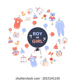 Gender reveal party. Flat black balloon with text boy or girl on white baby background with toy newborn icons clothing diaper. Circle concept design for banner invitation card vector illustration.