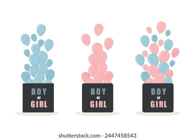 Gender reveal party. Its a girl. Its a boy. Its twins. Set of open surprise gift boxes with inscriptions Boy or girl. Pink and blue balloons. Baby shower greeting card. Cartoon vector illustration.