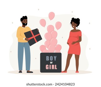 Gender reveal party. Its a girl. Couple opening surprise gift box with inscription Boy or girl. African family expecting unborn child. Pink balloons. Baby shower. Vector illustration in cartoon style.