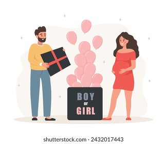 Gender reveal party. Its a girl. Couple opening surprise gift box with inscription Boy or girl. Family dreaming about of future baby. Pink balloons. Baby shower. Vector illustration in cartoon style.