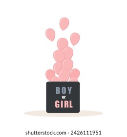 Gender reveal party. Its a girl. Open surprise gift box with inscription Boy or girl. Pink balloons. Baby shower greeting card. Cartoon vector illustration.