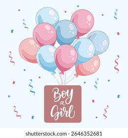 Gender reveal party greeting card with pink and blue balloons Cute design for announcing boy or girl baby