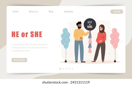 Gender reveal Party. He or She. Arabian family holding balloon with inscription Boy or Girl. Landing page template. Baby shower concept. Vector illustration in cartoon style.