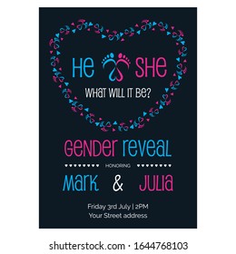 Gender reveal party invitation with baby feet and heart vector illustration