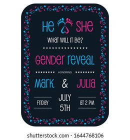 Gender reveal party invitation with baby feet and heart vector illustration