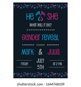 Gender reveal party invitation with baby feet and heart vector illustration