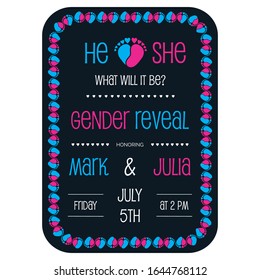 Gender reveal party invitation with baby feet and heart vector illustration