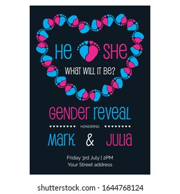 Gender reveal party invitation with baby feet and heart vector illustration