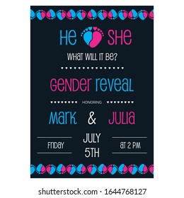 Gender reveal party invitation with baby feet and heart vector illustration