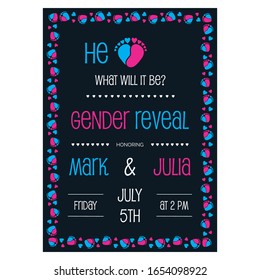 Gender reveal party invitation with baby feet and heart vector illustration