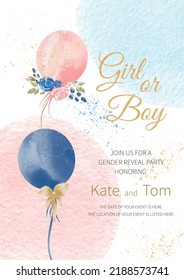 Gender reveal party invitation. boy or girl. watercolor pink and blue balloons with flowers and ribbons. Banner and poster, background with balloons on the ribbon. Vector illustration