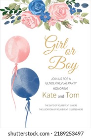 Gender reveal party invitation. boy or girl. watercolor pink and blue balloons with flowers and ribbons. Banner and poster, background with balloons on the ribbon. Vector illustration