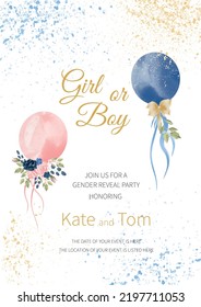 Gender reveal party invitation. boy or girl. watercolor pink and blue balloons with flowers and ribbons. Banner and poster, background with balloons on the ribbon. Vector illustration