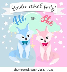 Gender reveal party invitation for girl or boy. Flat illustration with cute little fox. Kind children's illustration with stars and clouds in pink and blue color. Card in square format. Baby shower.