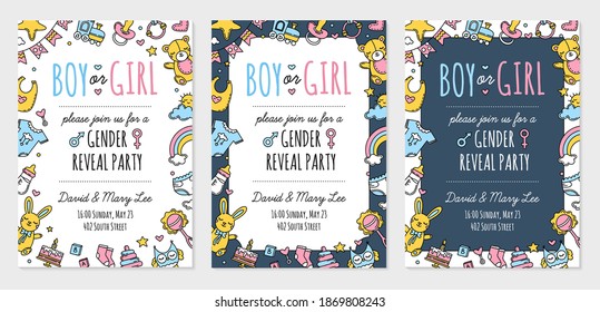 Gender reveal party invitation template. Baby shower, boy or girl. Vector postcard with Doodle icons.