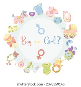 Gender reveal party invitation template. Boy or girl? Baby shower clipart. Blue and pink colors. Gender reveal. Vector illustration Isolated on white background