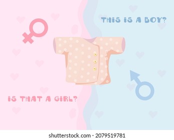 Gender reveal party invitation template. Boy or girl? Baby shower clipart. Blue and pink colors. Gender reveal. Vector illustration Isolated on white background