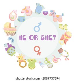 Gender reveal party invitation template. Boy or girl? Baby shower clipart. Blue and pink colors. Gender reveal. Vector illustration Isolated on white background