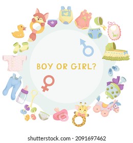 Gender reveal party invitation template. Boy or girl? Baby shower clipart. Blue and pink colors. Gender reveal. Vector illustration Isolated on white background