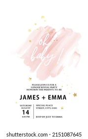 Gender reveal party invitation template, baby girl pink card. Watercolor cover, greeting template , abstract romantic design , thank you card, save the date, rsvp card  vector 