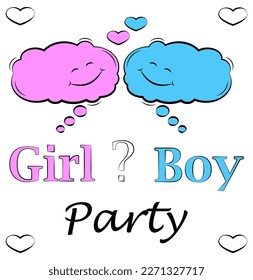 Gender reveal party invitation template. Postcard. Girl or boy. Cartoon character cloud.