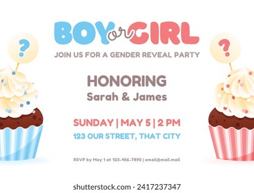 Gender reveal party invitation template. Cute vertical banner decorated with boy or girl question, pink and blue cupcakes and bunting flags. Vector 10 EPS.