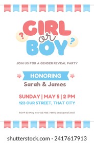 Gender reveal party invitation template. Cute vertical banner with boy or girl question and pink and blue bunting flags. Vector 10 EPS.