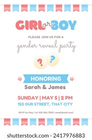 Gender reveal party invitation template. Cute vertical banner with boy or girl question and pink and blue bunting flags. Vector 10 EPS.