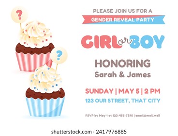 Gender reveal party invitation template. Cute vertical banner decorated with boy or girl question, pink and blue cupcakes and bunting flags. Vector 10 EPS.