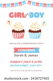 Gender reveal party invitation template. Cute vertical banner decorated with boy or girl question, pink and blue cupcakes and bunting flags. Vector 10 EPS.