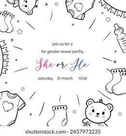 Gender reveal party invitation template. Baby shower, boy or girl. Vector card, cover with Doodle elements