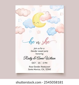 Gender reveal party invitation template with moon, pink and blue clouds and stars.